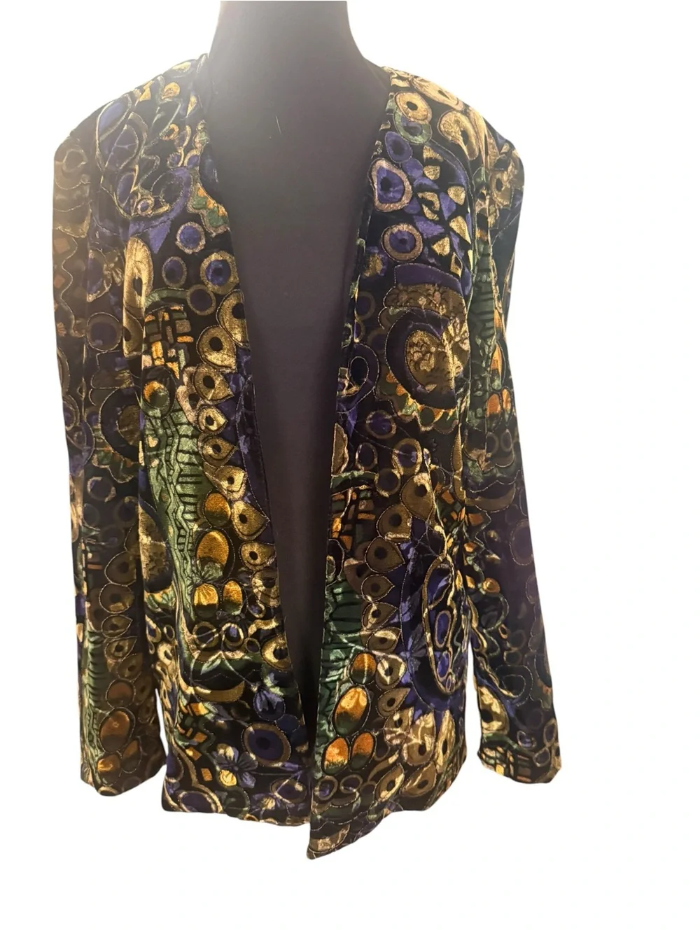Vintage Velvet Burnout Open Front Jacket Metallic Abstract Art Blazer Small USA